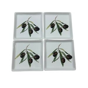 Crate & Barrel Olive Branch Porcelain Square Appetizer Plates Set of 4 White